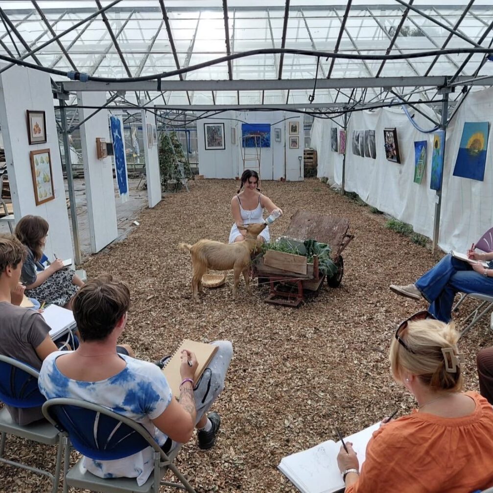 Artists and visitors draw Alisha Flouquet bottle feeding a goat